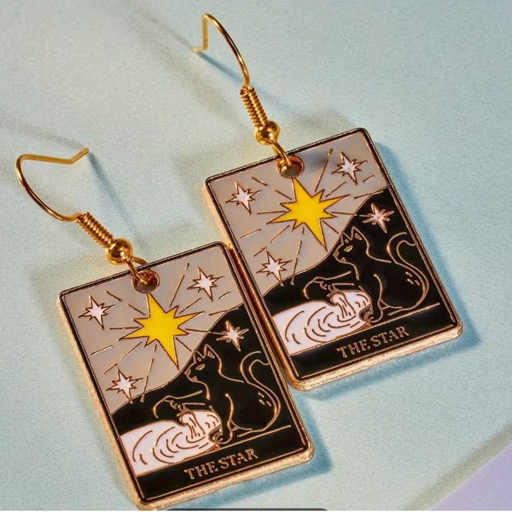 The Star Tarot Card Black Cat Enamel Dangle Earrings Gold Tone Celestial 1.8"